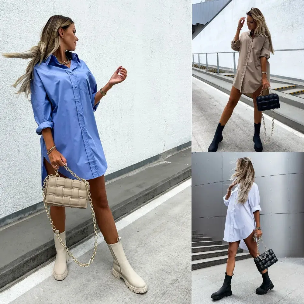 Versatile Extended Sleeves V-Neck Button Flaccid-fit Shirt Dresses