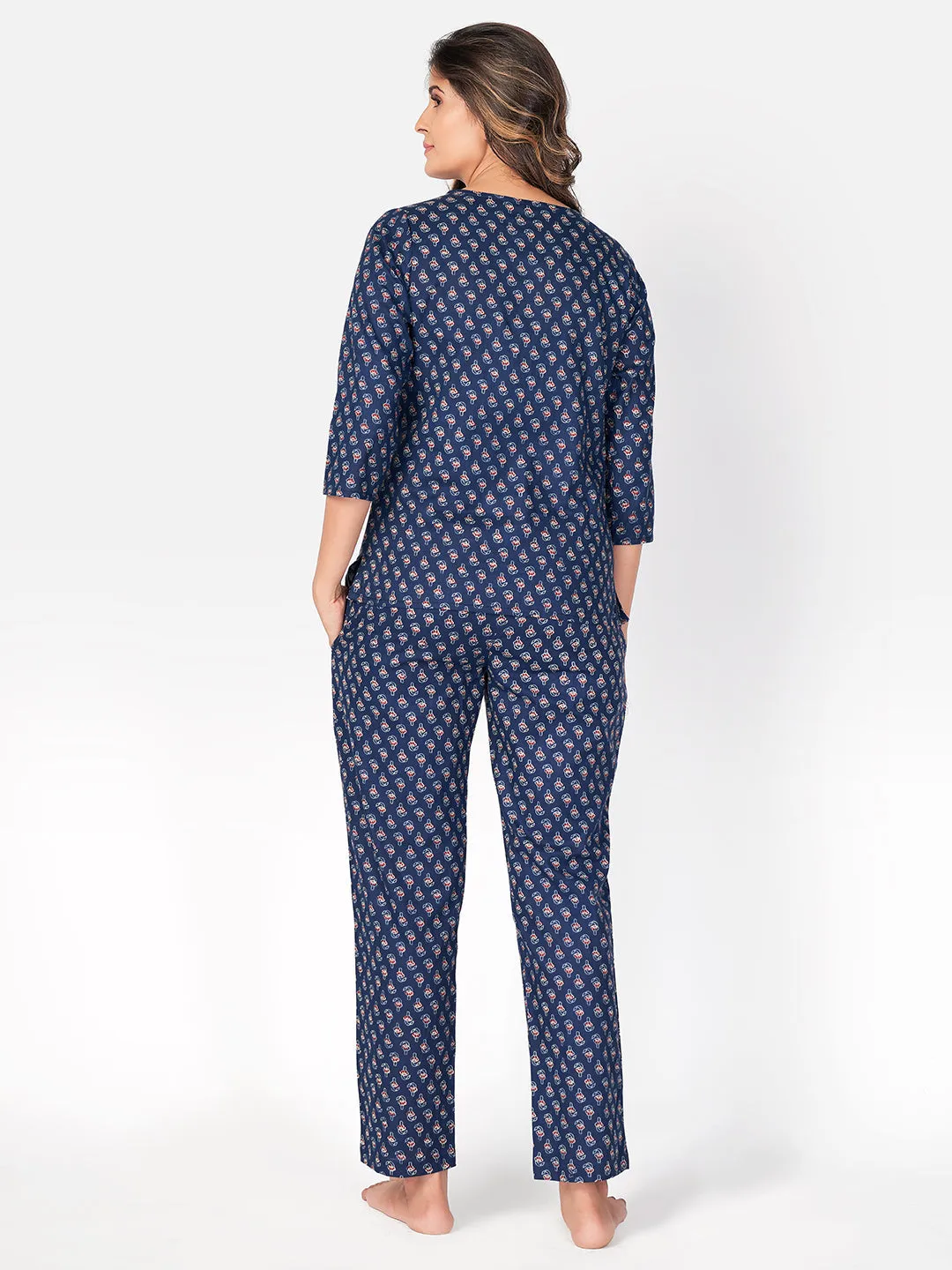 Women'S Floral Print  Cotton Blue Night Suit Set