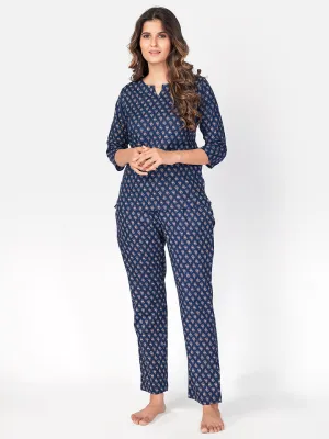 Women'S Floral Print  Cotton Blue Night Suit Set