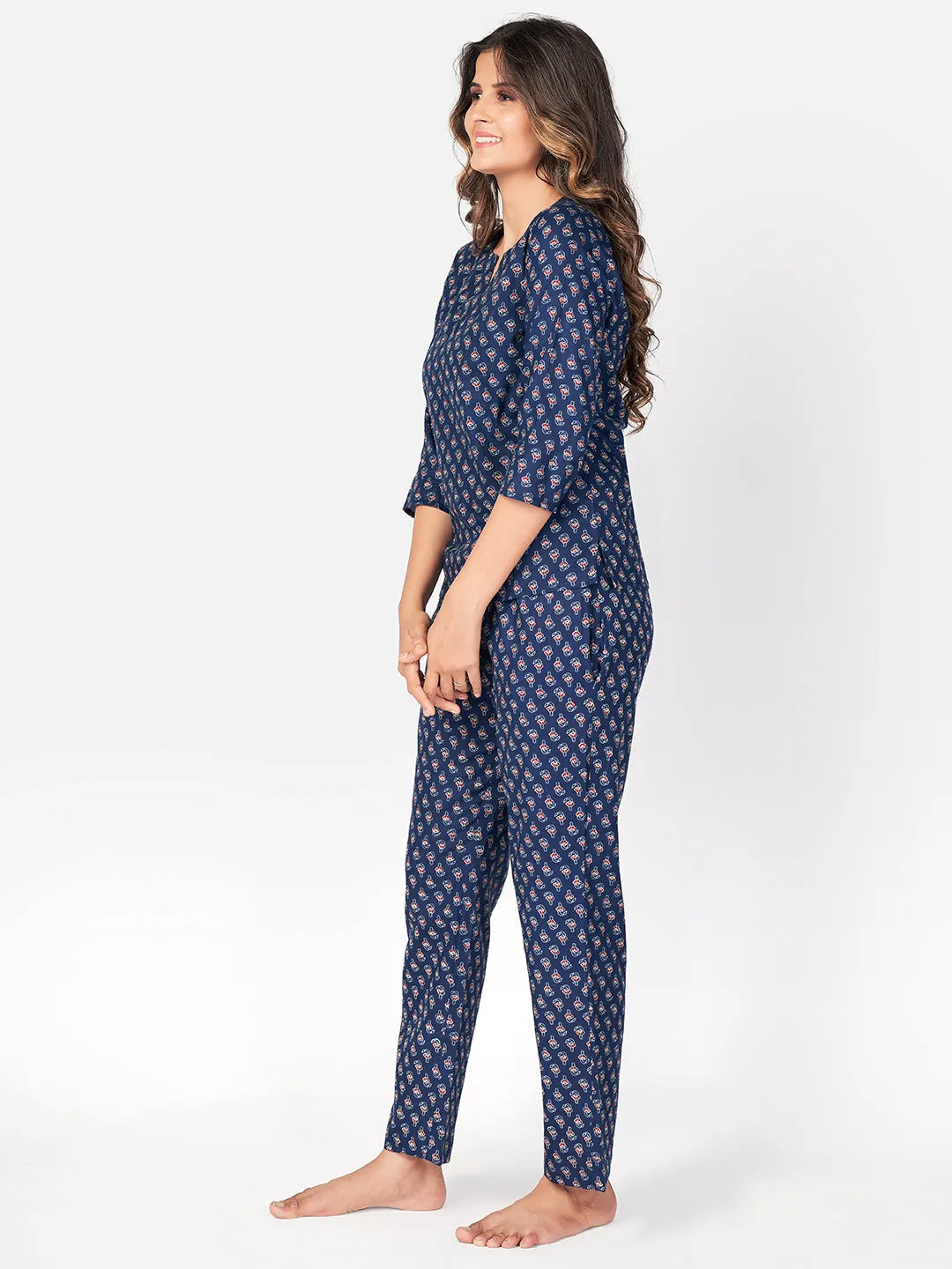 Women'S Floral Print  Cotton Blue Night Suit Set