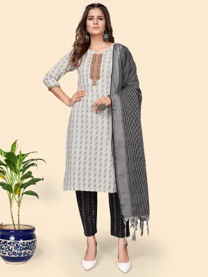 Women'S Printed Straight Cotton Blend White Stitched Kurta Pant With Dupatta